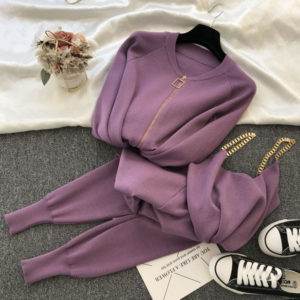 Zipper Knitted Cardigans Sweaters + Pants Sets + Vest Woman Fashion Jumpers Trousers 2 PCS Costumes Outfit