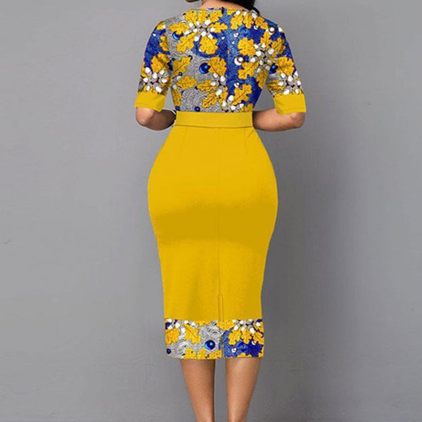 Elegant Office Ladies Midi Dress Sets Slim Leaf Printing High Waist Outfits Wavy Stripes Split Skinny Bodycon Dress Party