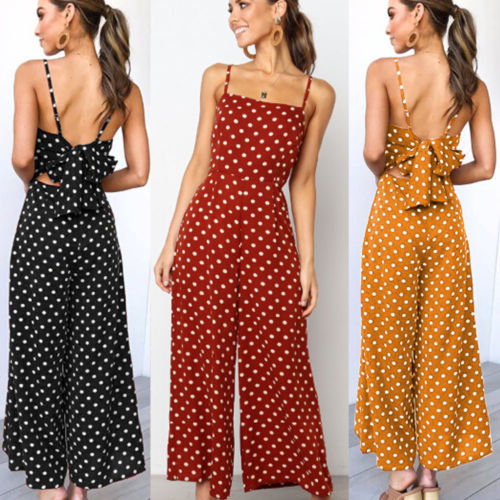 Elegant Sexy Jumpsuits Women Sleeveless Polka Dots Loose Baggy Pants Rompers Bow Backless Bodysuits Jumpsuits