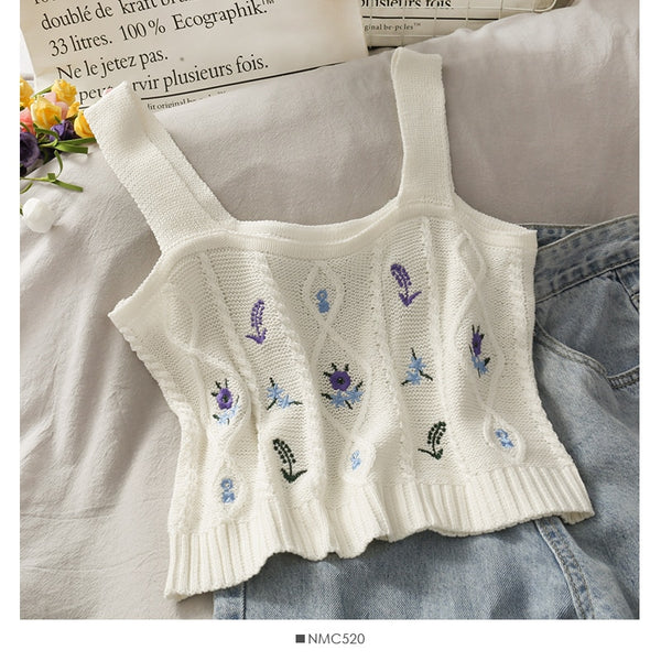 Women Floral Embroidery Tank Tops Cropped Female Chic Plain Cute Camisoles Ribbed Crop Top For Summer Vest Slim Knitted Top