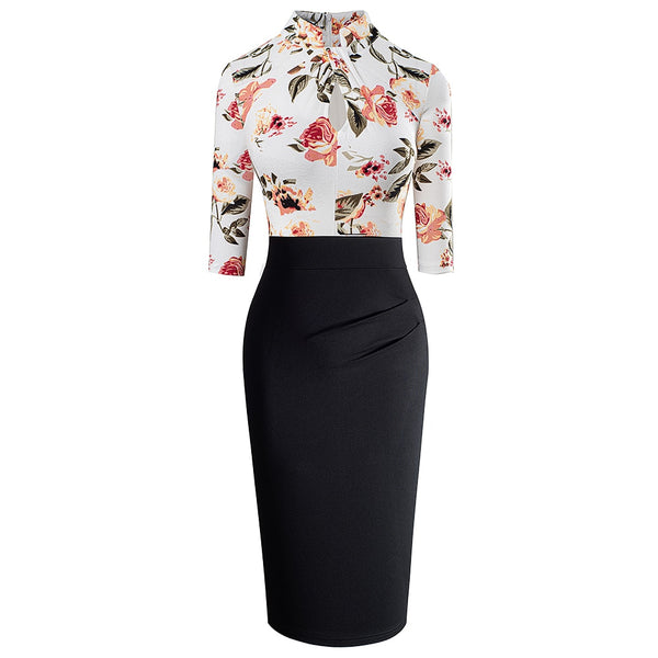 Elegant Work Office Business Drapped Contrasting Bodycon Slim Lady Women Sexy Front Key Hole Summer Pencil Dress