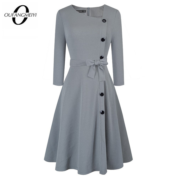 Brief Solid Color Retro Asymmetrical Side Buttons Party Casual Classy A Line Dress