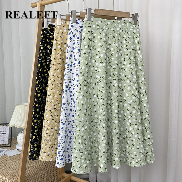 REALEFT New Stylish Floral Printed Tulle Mi-long Women Skirts High Waist Loose Female Umbrella Skirts Ladies Spring Summer
