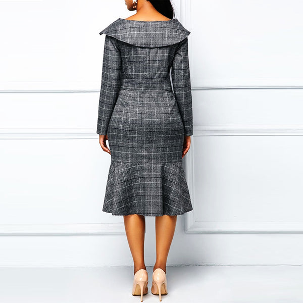 Elegant Plaid Party Dresses For Women Long Sleeve Buttons High Waist Slim Office Work Bodycon Pleated Dress Casual Clothing