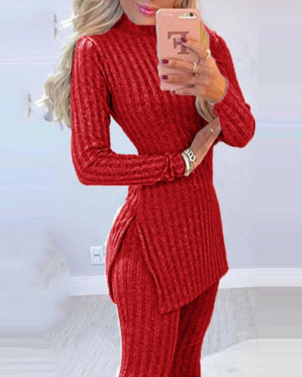 Women Winter 2pcs Suit Long Sleeve Ribbed Slit Long Top and High Waist Knitted Pencil Pants Set