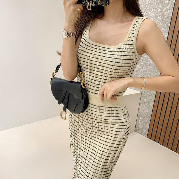H Han Queen Knitted 3-Pieces Set Women Knitted Sling + Cardigan And Pencil Skirts Casual Simple Office Lady Skirt Suit