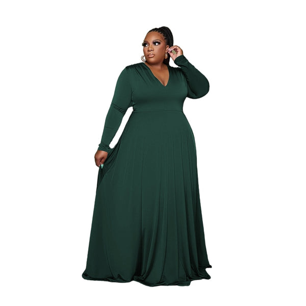Sexy Solid Color V Neck Long Sleeved Elegant Loose Maxi Evening Dresses Fashion High Waist Plus Size Women Clothing Wholesale