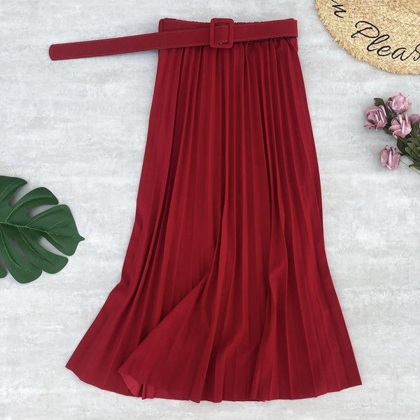 High Waist Skirt Casual Vintage Solid Belted Pleated Midi Skirts Lady 19 Colors Fashion Simple Saia Mujer Faldas