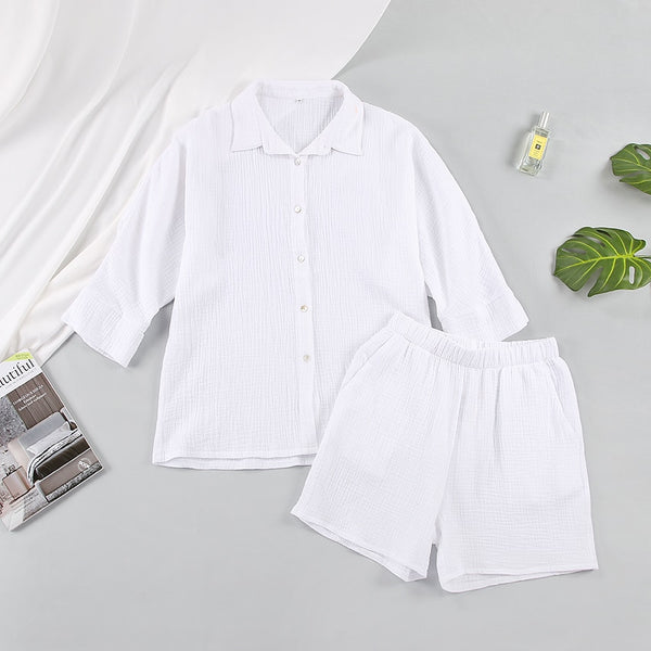 HiLoc Casual Sleepwear Cotton Pajamas For Women Sets Suit Turn-Down Collar Nine Quarter Sleeve Sleep Tops Shorts Female Homewear