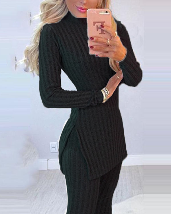 Winter 2pcs Suit Long Sleeve Ribbed Slit Long Top and High Waist Knitted Pencil Pants Set
