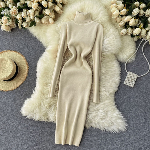 Sweater Dress Winter Turtleneck Warm Long Sleeve Knit Dress Fashion Casual Solid Women Midi Bodycon Dress