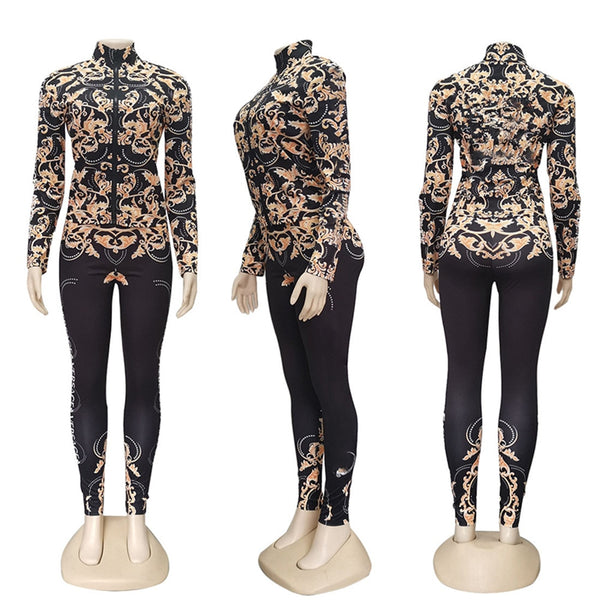 H.Y Casual Slim Fit Zipper Round Neck Printed Long Sleeve Trousers Two Piece Commuter J2183