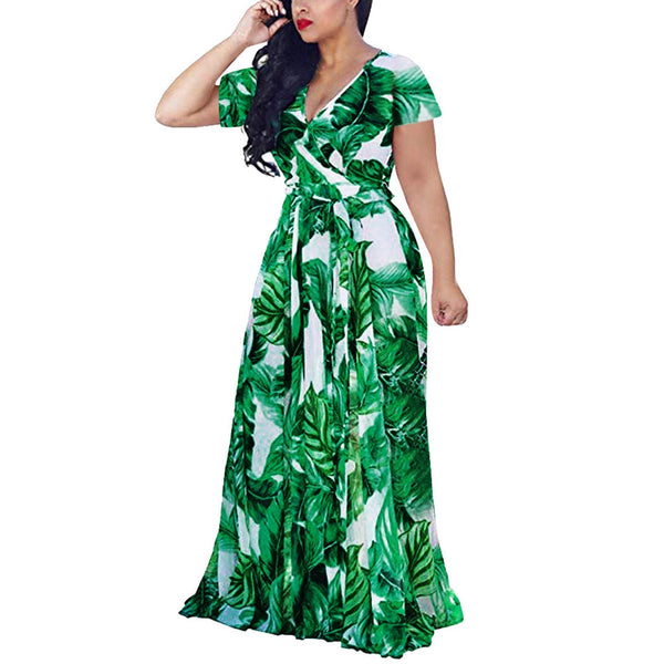 Leaf Print Bohemian Summer Dress Plus Size Dress V-neck Short Sleeve Casual Long Dresses Large Size