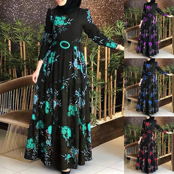 Women Long Sleeve Abaya Dress Ethnic Floral Print Belt Maxi Kaftan Robe