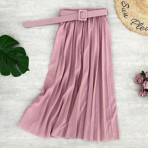 High Waist Skirt Casual Vintage Solid Belted Pleated Midi Skirts Lady 19 Colors Fashion Simple Saia Mujer Faldas