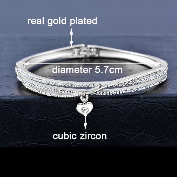 SINLEERY Small Heart Pendant 3 Layers Crystal Bangle For Women Rose Gold Silver Color Wedding Bracelets Jewelry ZD1 SSF