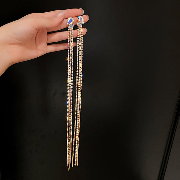 Exknl Geometric Colorful Rhinestone Big Earrings for Women Oversize Long Tassel Crystal Dangle Earrings Statement Jewelry