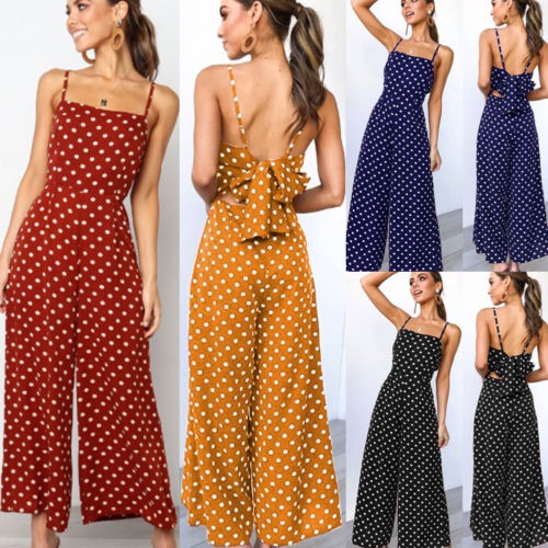Elegant Sexy Jumpsuits Women Sleeveless Polka Dots Loose Baggy Pants Rompers Bow Backless Bodysuits Jumpsuits