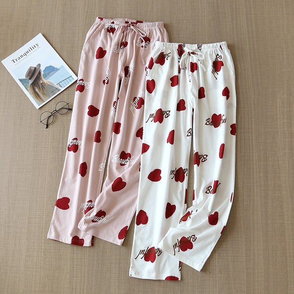 Japanese pajamas bottoms women's cotton spring and autumn trousers cotton knitted cotton home pants loose large size trousers