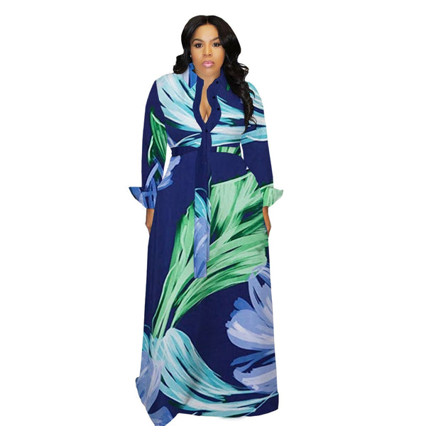 Somoshein Plus Size Full Sleeve Print Button Casual Fahsion Lapel Fall Maxi Long Dresses Ladies Clothing Wholesale
