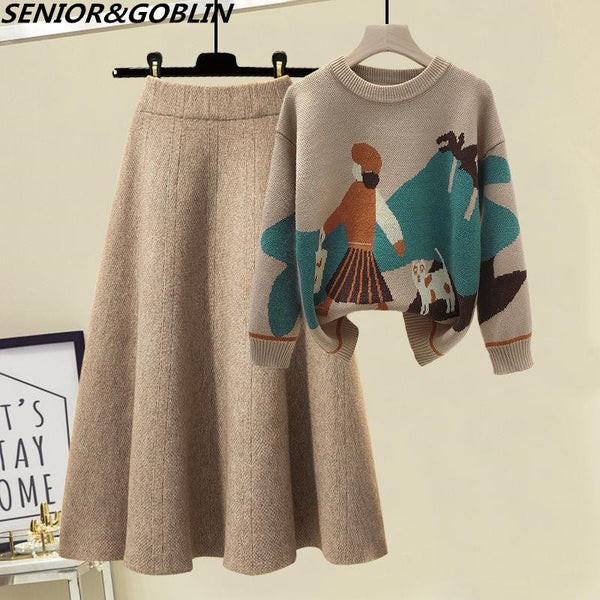 Newest Autumn Winter High Quality Long Sleeve Knitted Loose Pullover Sweater+Women High Waist A Line Skirt Knitted 2 Piece Set