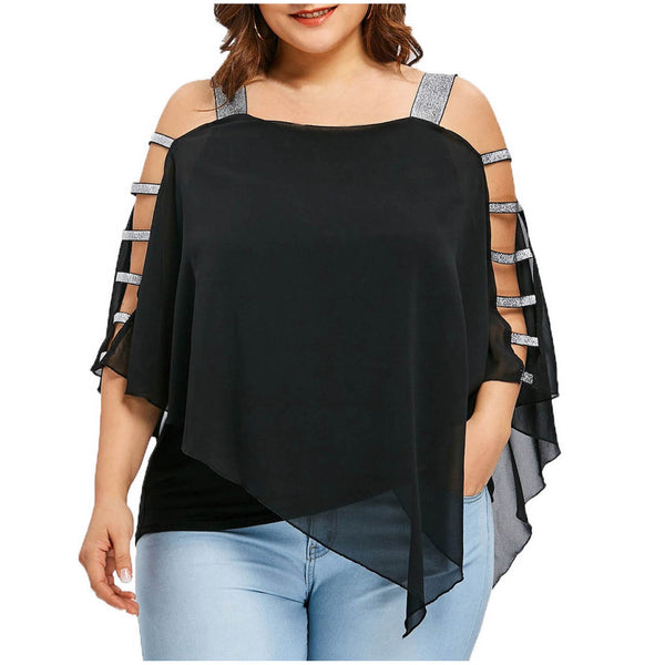 Sexy Fashion Plus Size Tops Ladder Sling Cut Overlay Patchwork Hollow Out Blouse Strapless Tops Flare Sleeves Blouse