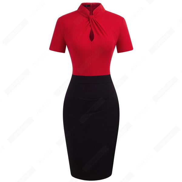 Elegant Work Office Business Drapped Contrasting Bodycon Slim Lady Women Sexy Front Key Hole Summer Pencil Dress