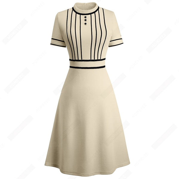 Elegant Brief O Neck Buttons Designed Lines Casual Fashion Patchwork Party Swing A Line Dress