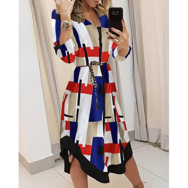 Spring Autumn Lady Cover Up Wave Print Long Sleeve V-Neck Casual Loose Midi Dress