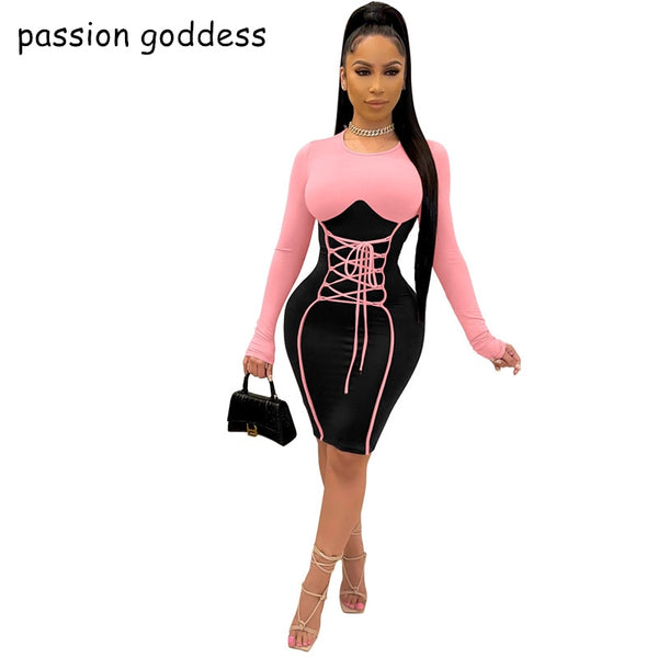 Spring Autumn Fashion Sexy Bodycon Pencil Dresses Women Long Sleeve Bandage Slim Knee Length Party Dress Vestidos