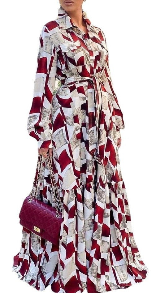 Maxi Dress Women High Waist Full Sleeve Robes Spring New Fashion Print Elegant Streetwear African Dresses Vestidos
