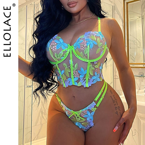 Ellolace Luxury Lingerie Sexy Floral Embroidery Set Woman 2 Pieces Underwire Bra Thongs Exotic Intimate Neon Green Underwear