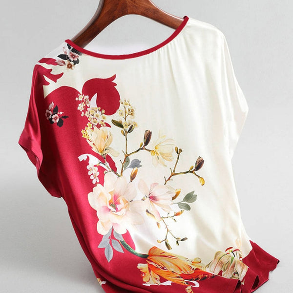 Fashion Floral Print Blouse Pullover Ladies Silk Satin Blouses Plus Size Batwing Sleeve Vintage Print Casual Short Sleeve Tops