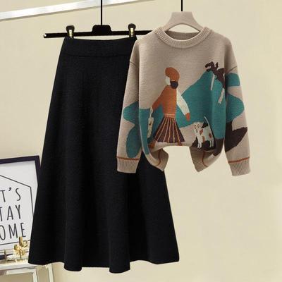 Newest Autumn Winter High Quality Long Sleeve Knitted Loose Pullover Sweater+Women High Waist A Line Skirt Knitted 2 Piece Set