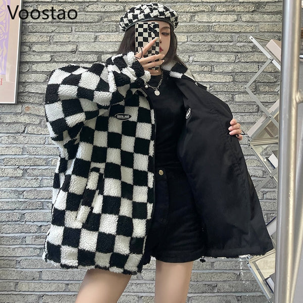 Autumn Winter Thicken Warm Checkerboard Plaid Lamb Wool Jackets Wear On Both Sides Coats Female Harajuku Stand Collar Outerwear