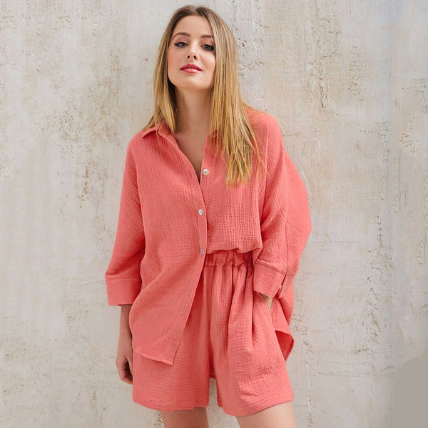 HiLoc Casual Sleepwear Cotton Pajamas For Women Sets Suit Turn-Down Collar Nine Quarter Sleeve Sleep Tops Shorts Female Homewear
