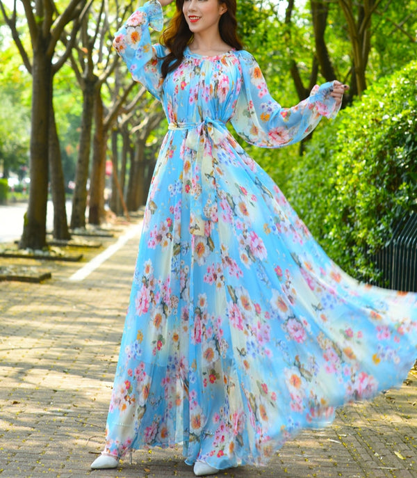 Maxi Dress Floral Printed Loose Chiffon Fashion Abaya Kaftan Long Dress