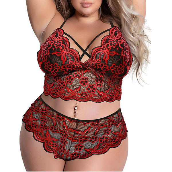 Plus Size Sexy Lingerie Set Embroidery Lace Bra And Thongs Underwear Set Perspective Mesh Floral Erotic Lingerie Sexy