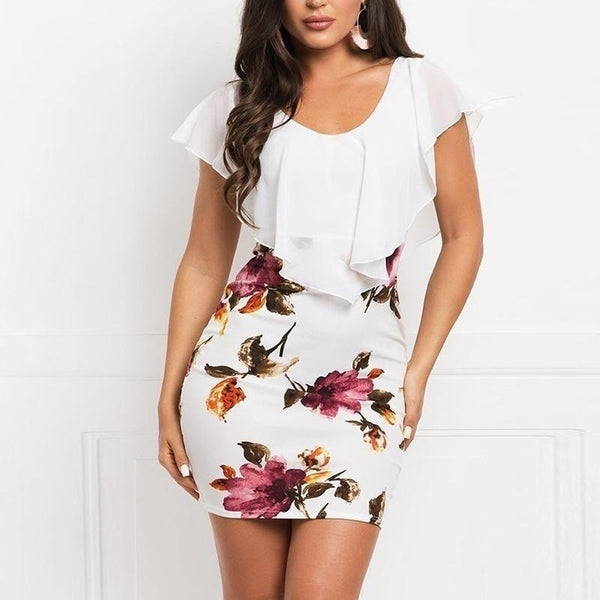 Sexy floral Print Splicing Slim Mini o Neck Dress Shirt
