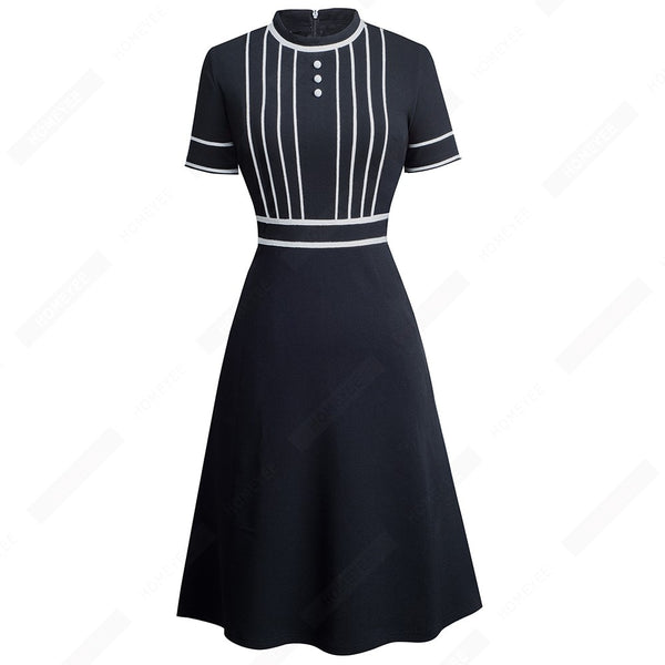 Elegant Brief O Neck Buttons Designed Lines Casual Fashion Patchwork Party Swing A Line Dress