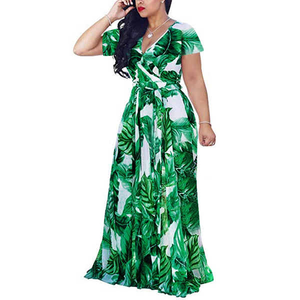 Leaf Print Bohemian Summer Dress Plus Size Dress V-neck Short Sleeve Casual Long Dresses Large Size