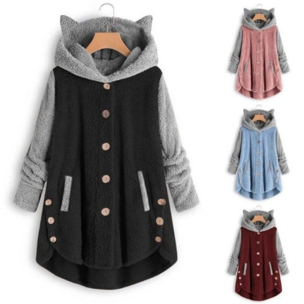 Fashion Cute Cat Hoodies Sweatshirts Winter Warm Hooded Tops Loose Soft Patchwork Coat