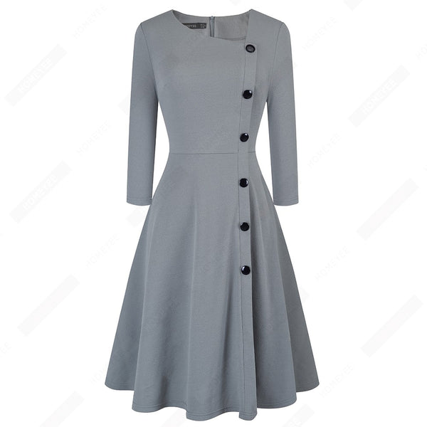 Brief Solid Color Retro Asymmetrical Side Buttons Party Casual Classy A Line Dress