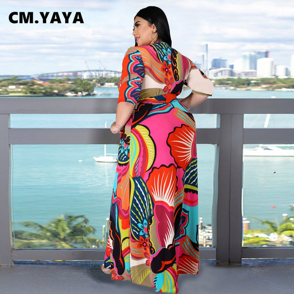 CM.YAYA Women Plus Size Dress Print Half Sleeve V-neck Split Loose Maxi Bohemian Dresses Bandage Sashes Sexy Streetwear Summer