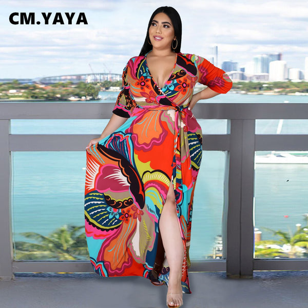CM.YAYA Plus Size Dress Print Half Sleeve V-neck Split Loose Maxi Bohemian Dresses Bandage Sashes Sexy Streetwear Summer