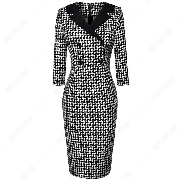 Vintage Classic Houndstooth Charming  Fashion Chic Button V Neck Pencil Dress EB570