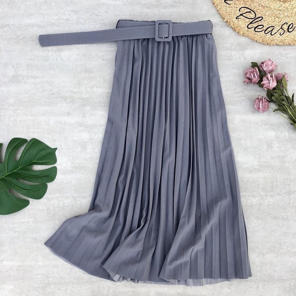 High Waist Women Skirt Casual Vintage Solid Belted Pleated Midi Skirts Lady 19 Colors Fashion Simple Saia Mujer Faldas