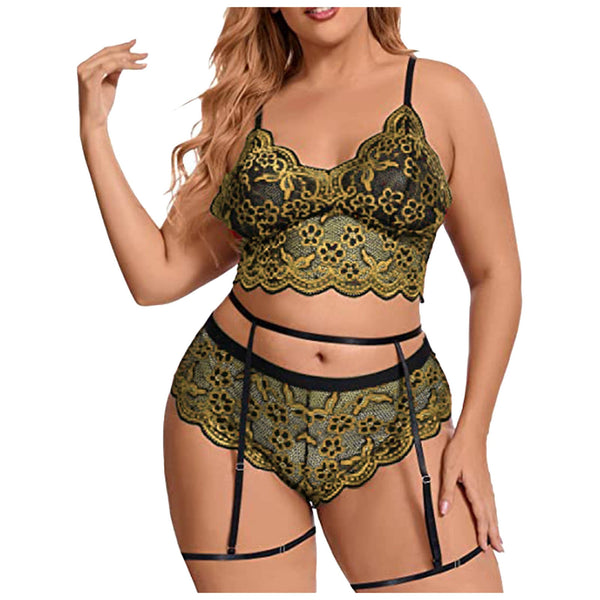 Plus Size Sexy Lingerie Set Embroidery Lace Bra And Thongs Underwear Set Perspective Mesh Floral Erotic Lingerie Sexy
