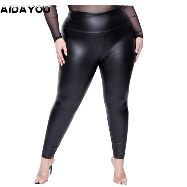Faux Leather Leggings Plus Size Super Stretchy Spandex Clothing PU Leather Pant Tummy Control Oversized Pants ouc088