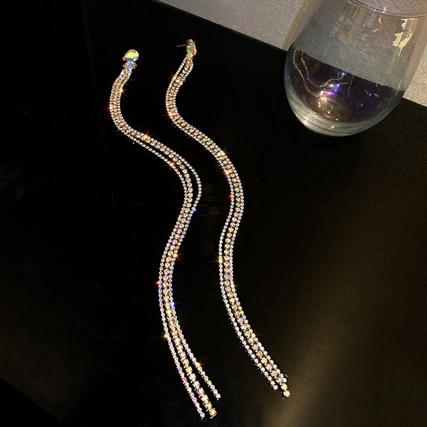 Exknl Geometric Colorful Rhinestone Big Earrings for Women Oversize Long Tassel Crystal Dangle Earrings Statement Jewelry